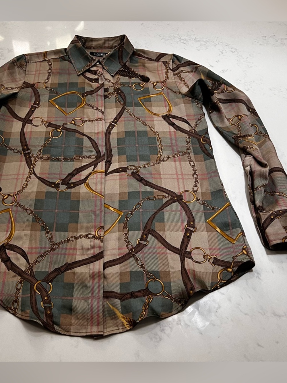 Lauren Ralph Lauren Brown & Green Plaid Chain-Print Long Sleeve Blouse - Picture 10 of 13